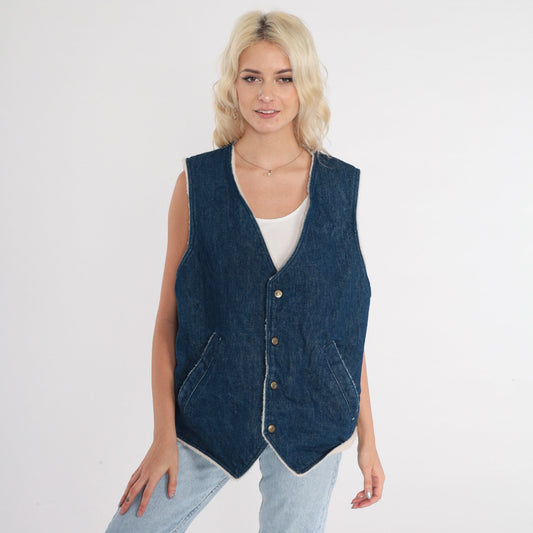 80s Osh Kosh B'Gosh Denim Vest Faux Sherpa Lining Blue Button-Up Large L