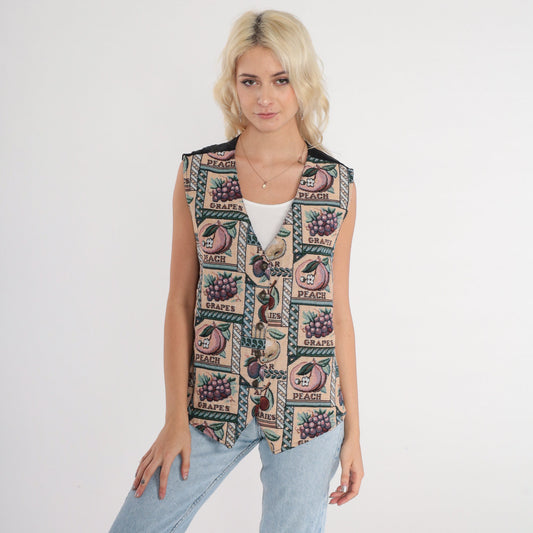 90s Fruit Print Vest Peaches Grapes Woven Button-Up Sleeveless Large L