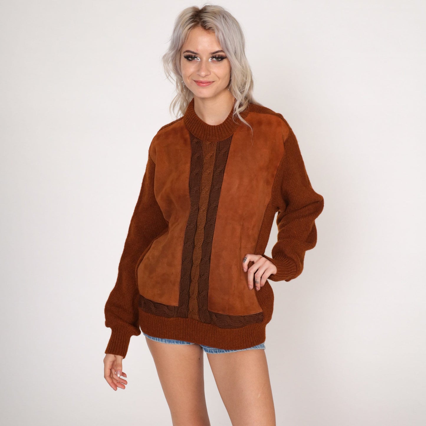 70s Cabot Brown Wool Cable Knit Sweater Faux Suede Panel Crewneck Medium