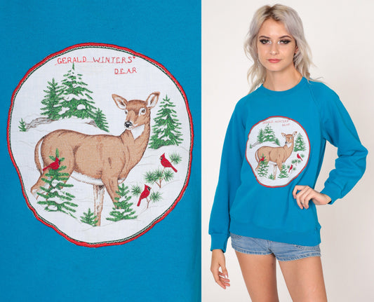 80s Gerald Winters Dear Sweatshirt Blue Deer Cardinal Graphic Raglan Medium