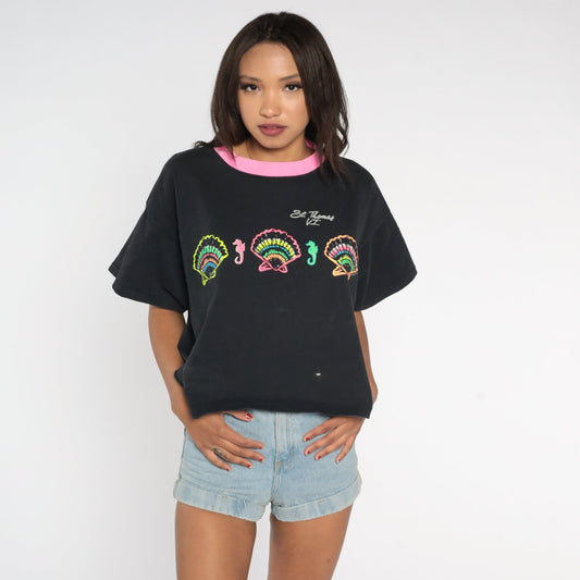 90s St Thomas Virgin Islands Crop Top Ringer Tee Black Neon Pink Graphic Medium