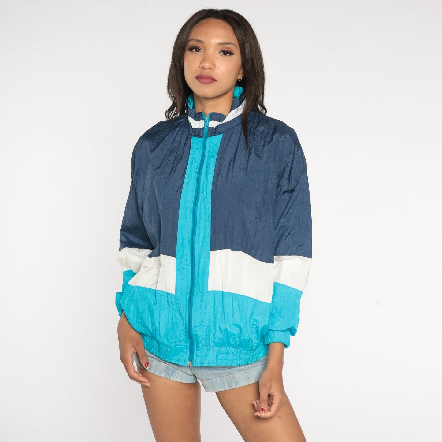 90s Striped Windbreaker Jacket Aqua Navy Blue White Colour Block Medium