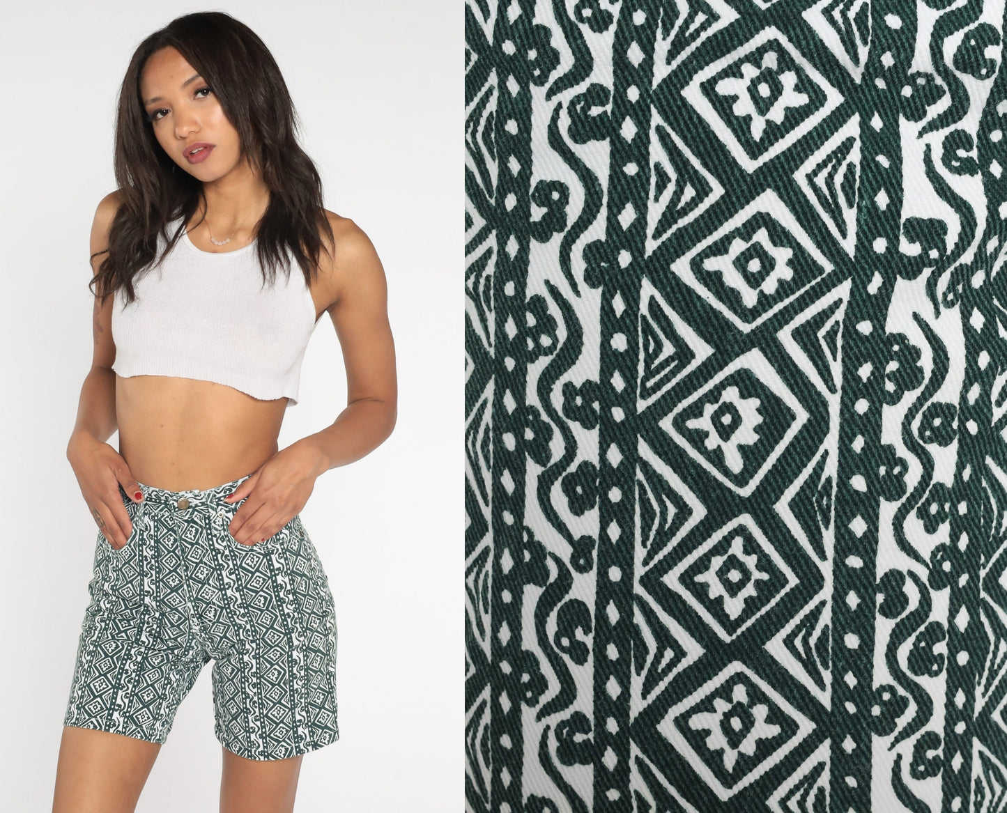 90s Sostanza Floral Denim Shorts High Waist Green White Geometric Print XXS