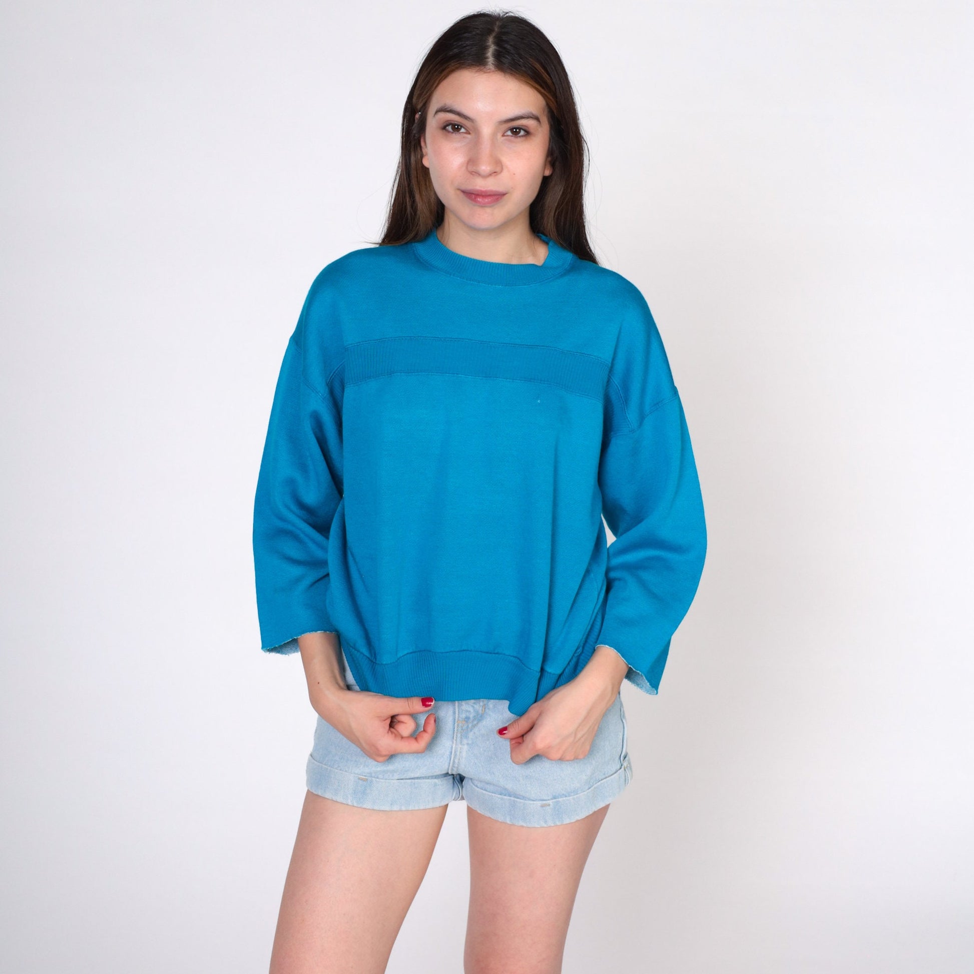 80s Turquoise Sweatshirt Cutoff 3/4 Sleeve Crewneck Stripe Medium