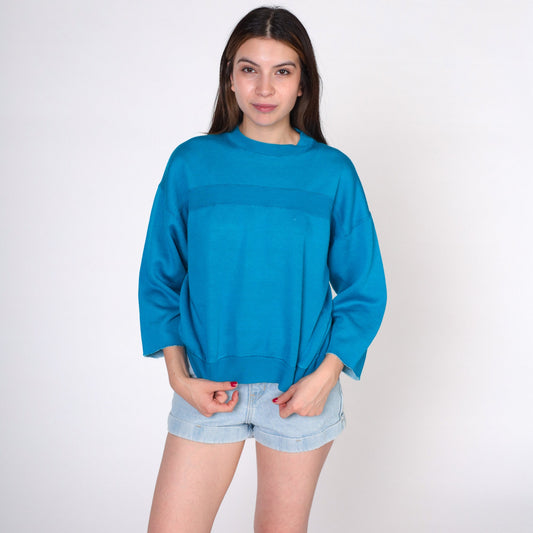 80s Turquoise Sweatshirt Cutoff 3/4 Sleeve Crewneck Stripe Medium