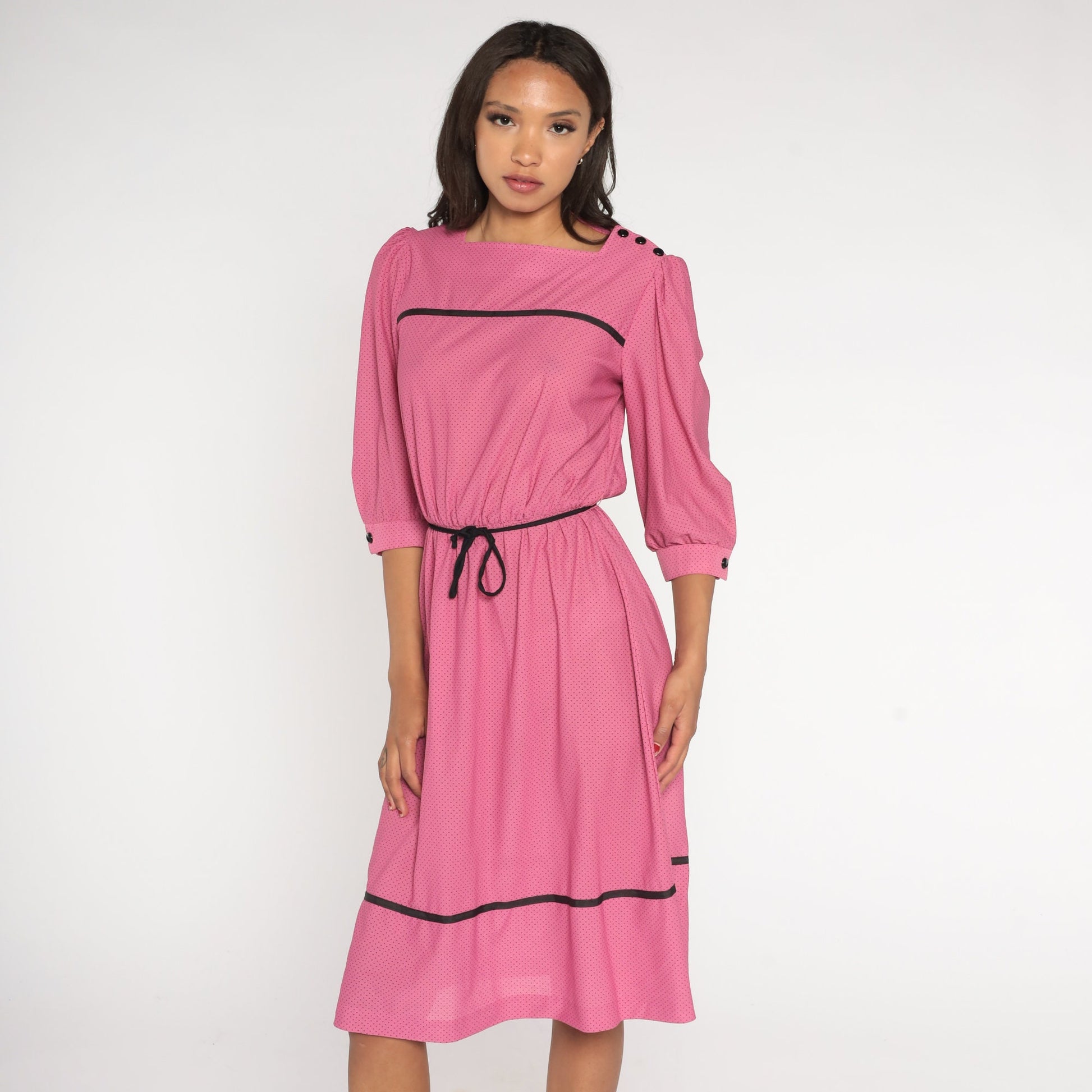 70s Pink Polka Dot Midi Dress Puff Sleeve High Waist Belted Small
