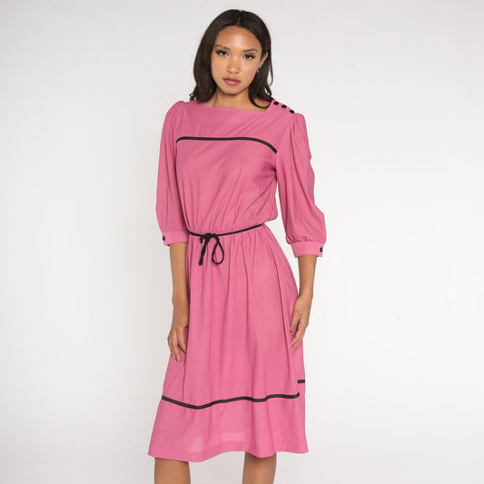70s Pink Polka Dot Midi Dress Puff Sleeve High Waist Belted Small