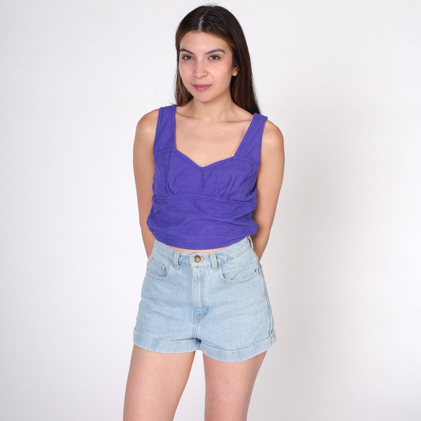 90s Purple Smocked Crop Top Sweetheart Neckline Cotton Tank Small