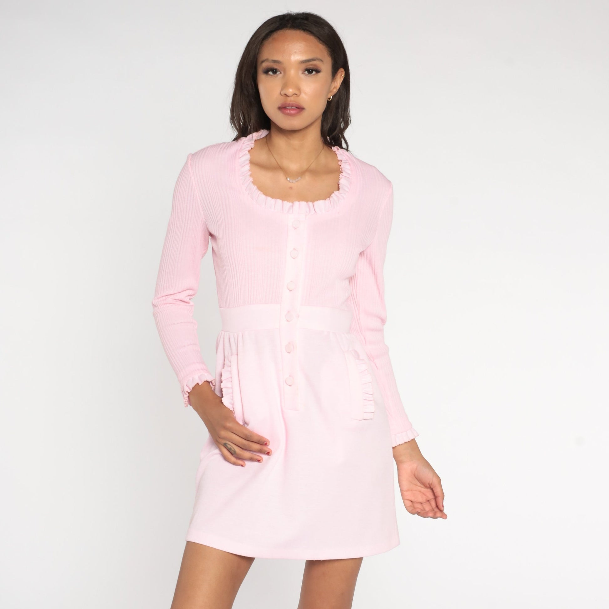 1970s Light Pink Mini Dress Long Sleeve Ruffled Button-Up Small S