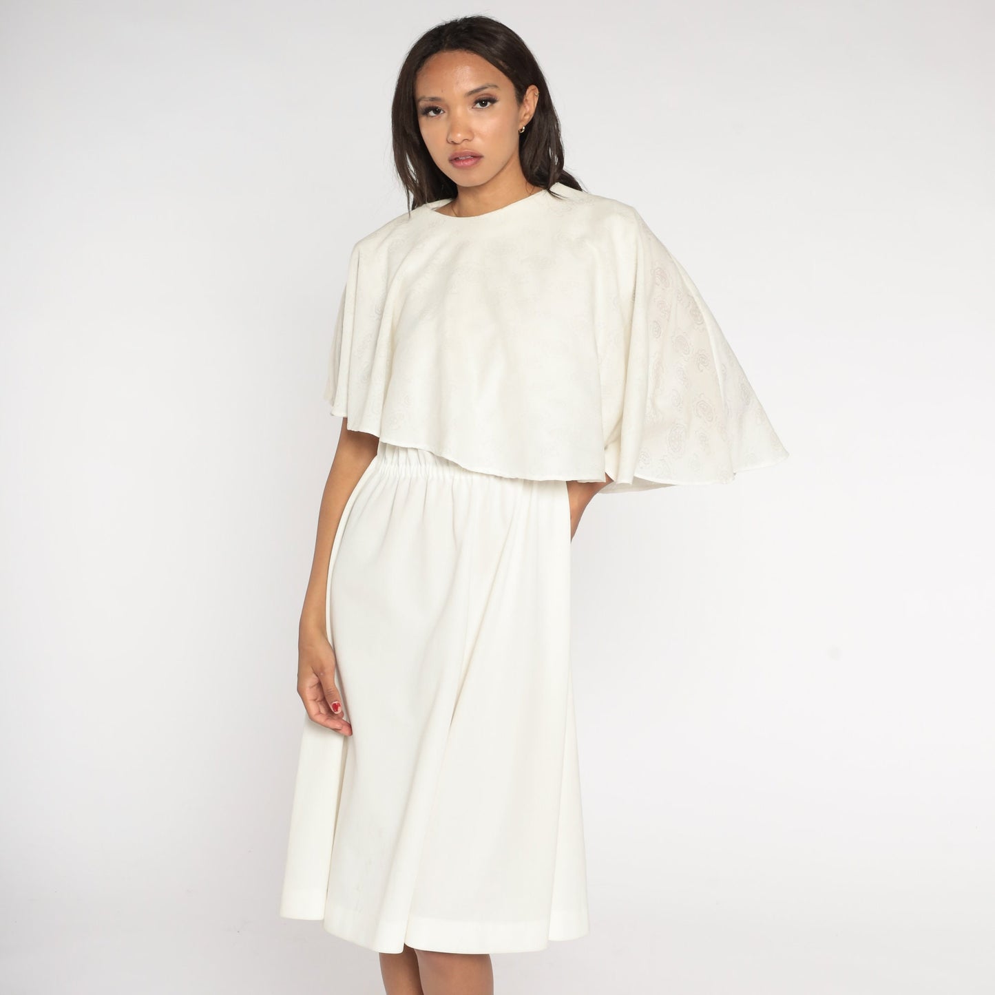 70s Asymmetrical Capelet Midi Dress Off White Paisley High Waist Medium Large