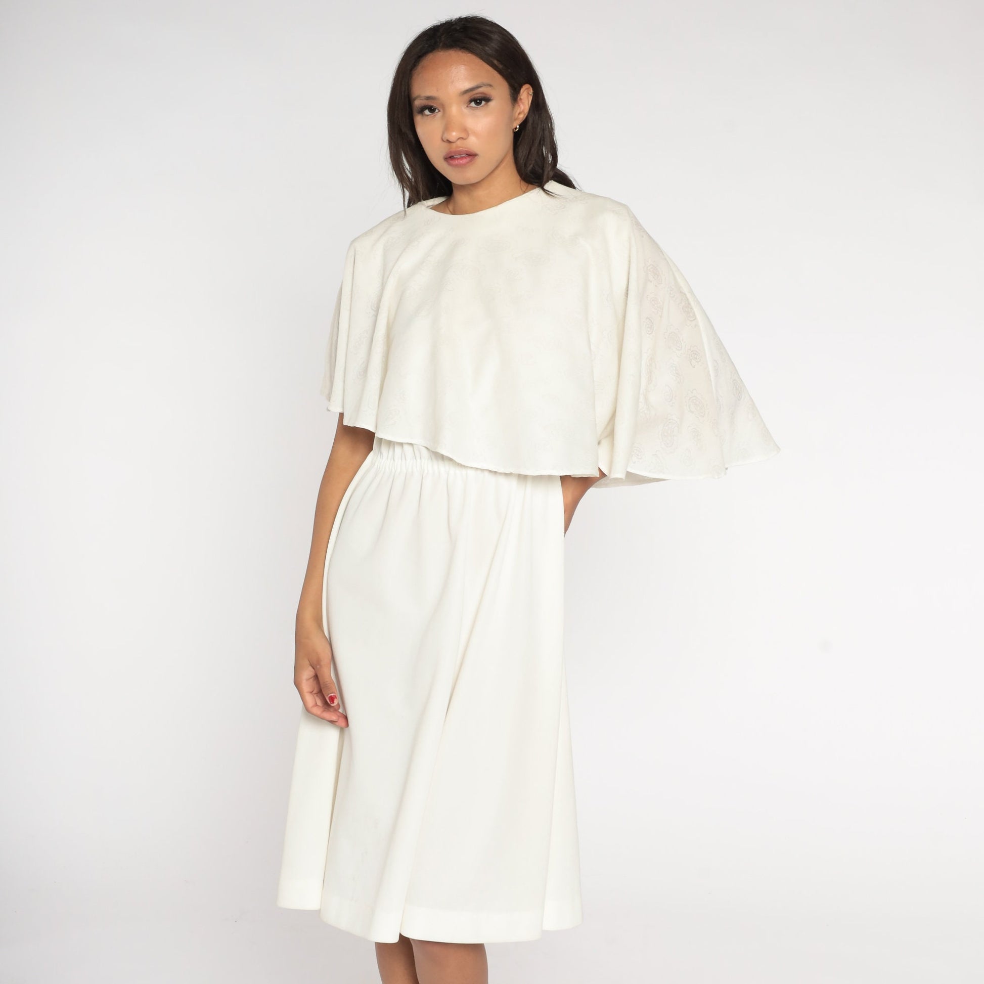 70s Asymmetrical Capelet Midi Dress Off White Paisley High Waist Medium Large