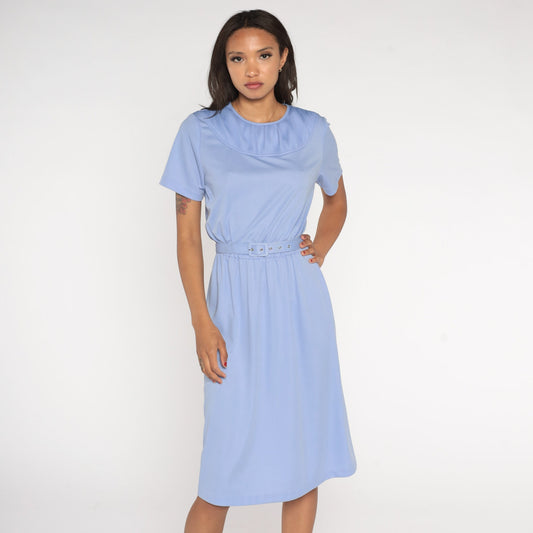 80s Periwinkle Midi Dress High Waisted Belted Short Sleeve Blue Large L