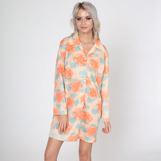 70s Orange Floral Mini Shift Dress Button-Up Long Sleeve Medium Large