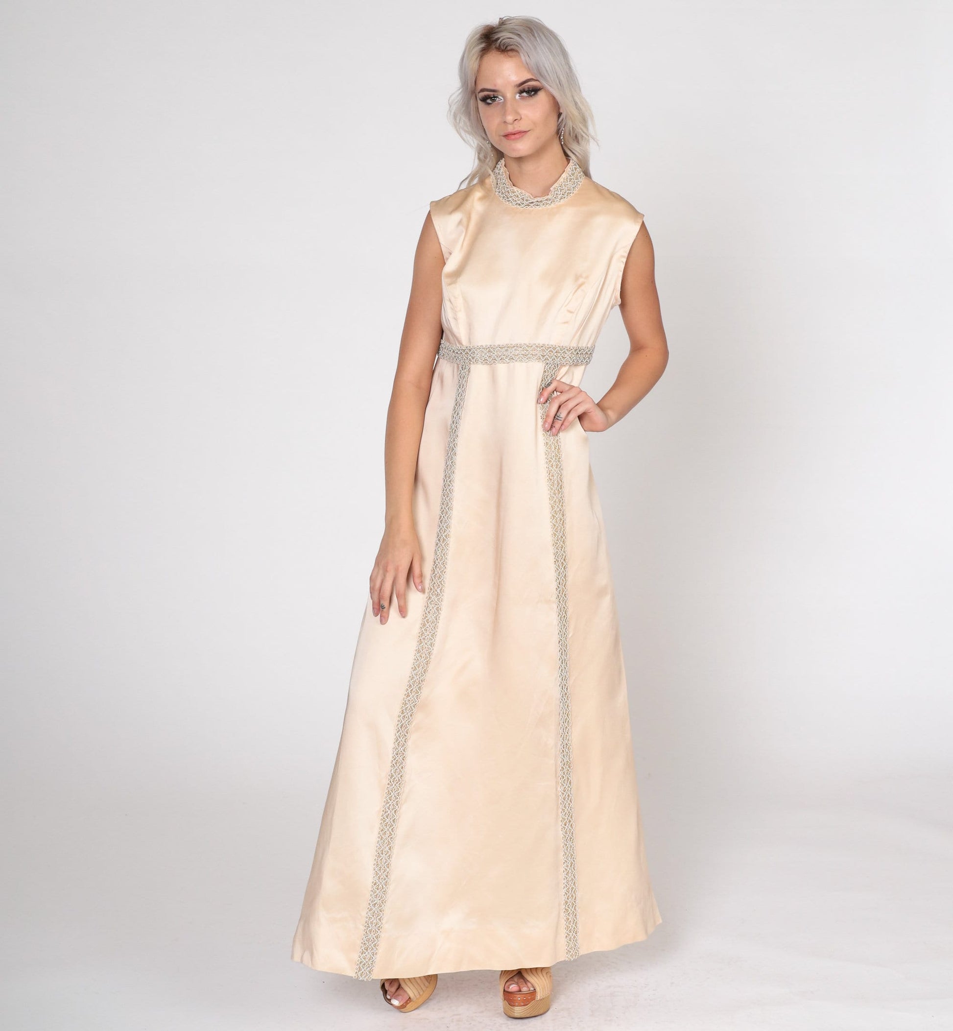 60s Champagne Beaded Maxi Dress Empire Waist Sleeveless Small S