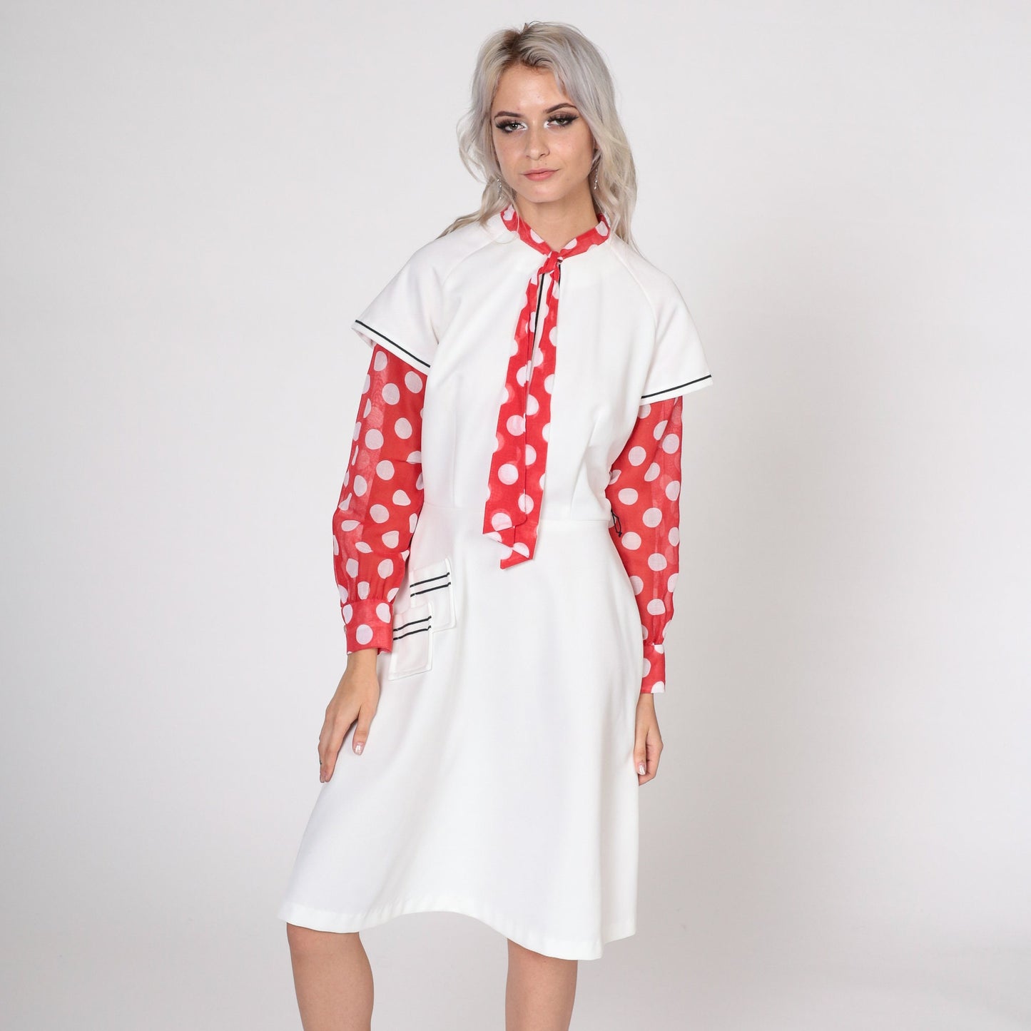 70s Mod Ascot Dress White Polka Dot High Waist Midi Long Sleeve Small