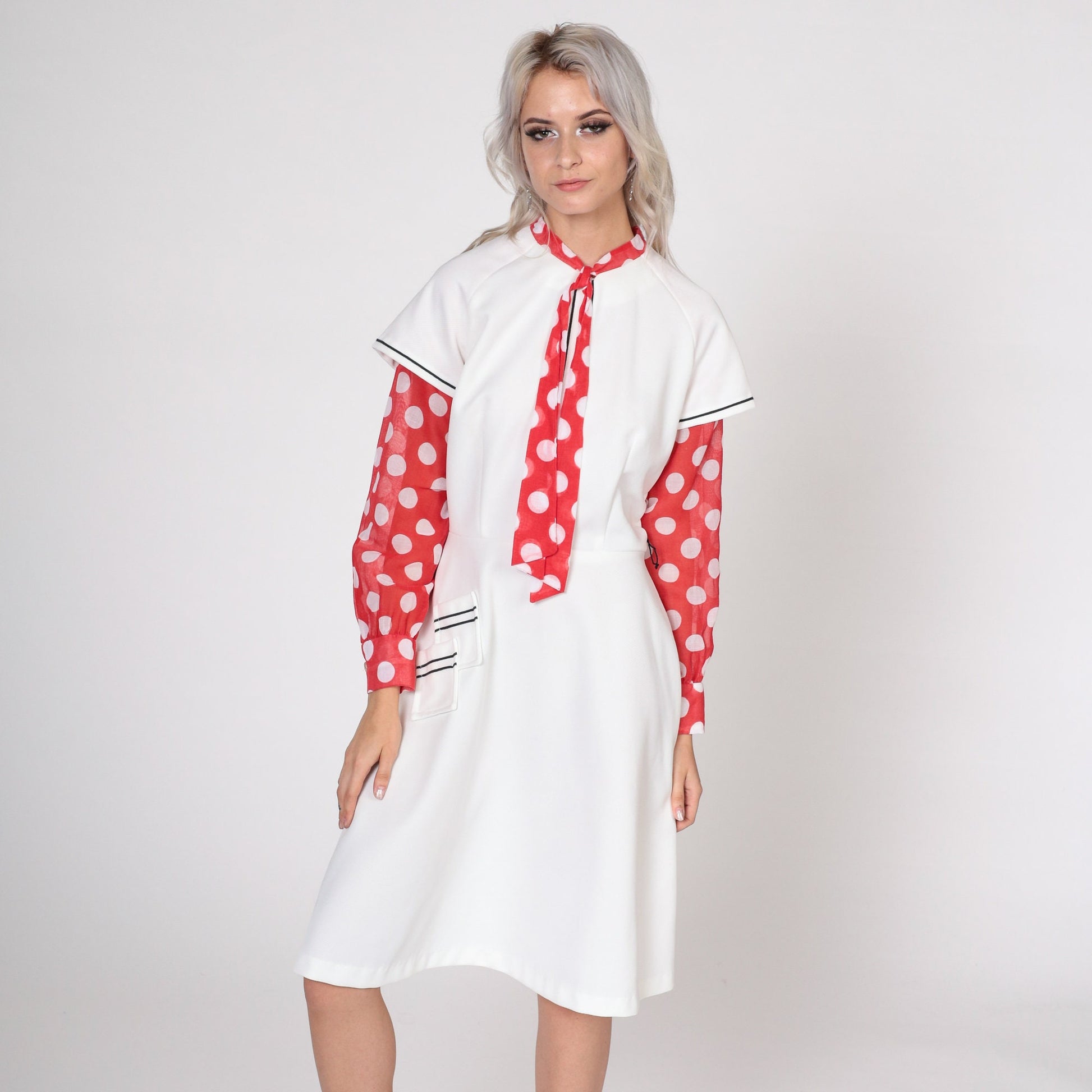 70s Mod Ascot Dress White Polka Dot High Waist Midi Long Sleeve Small