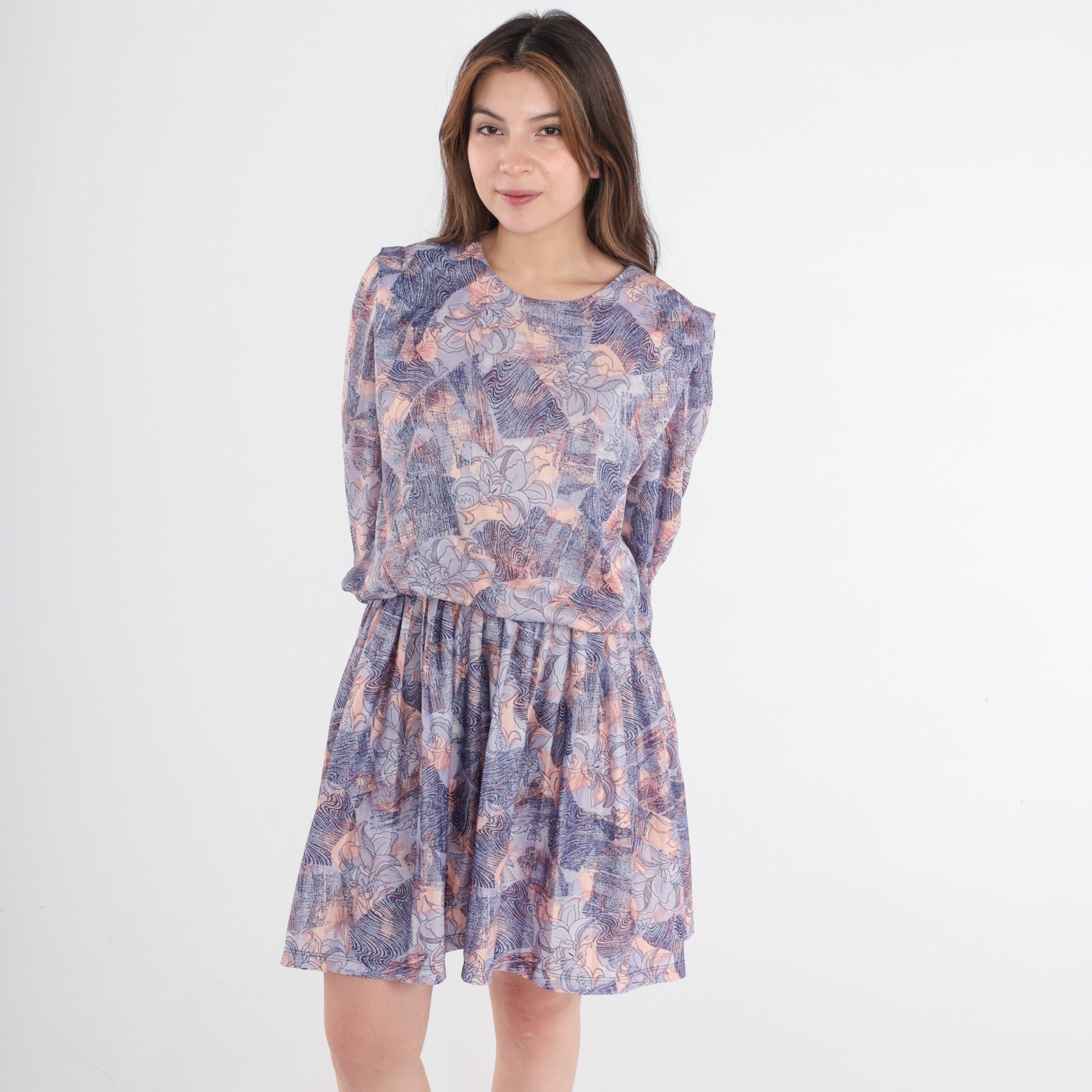 80s Floral Mini Dress Purple Peach Navy 3/4 Sleeve High Waisted Medium
