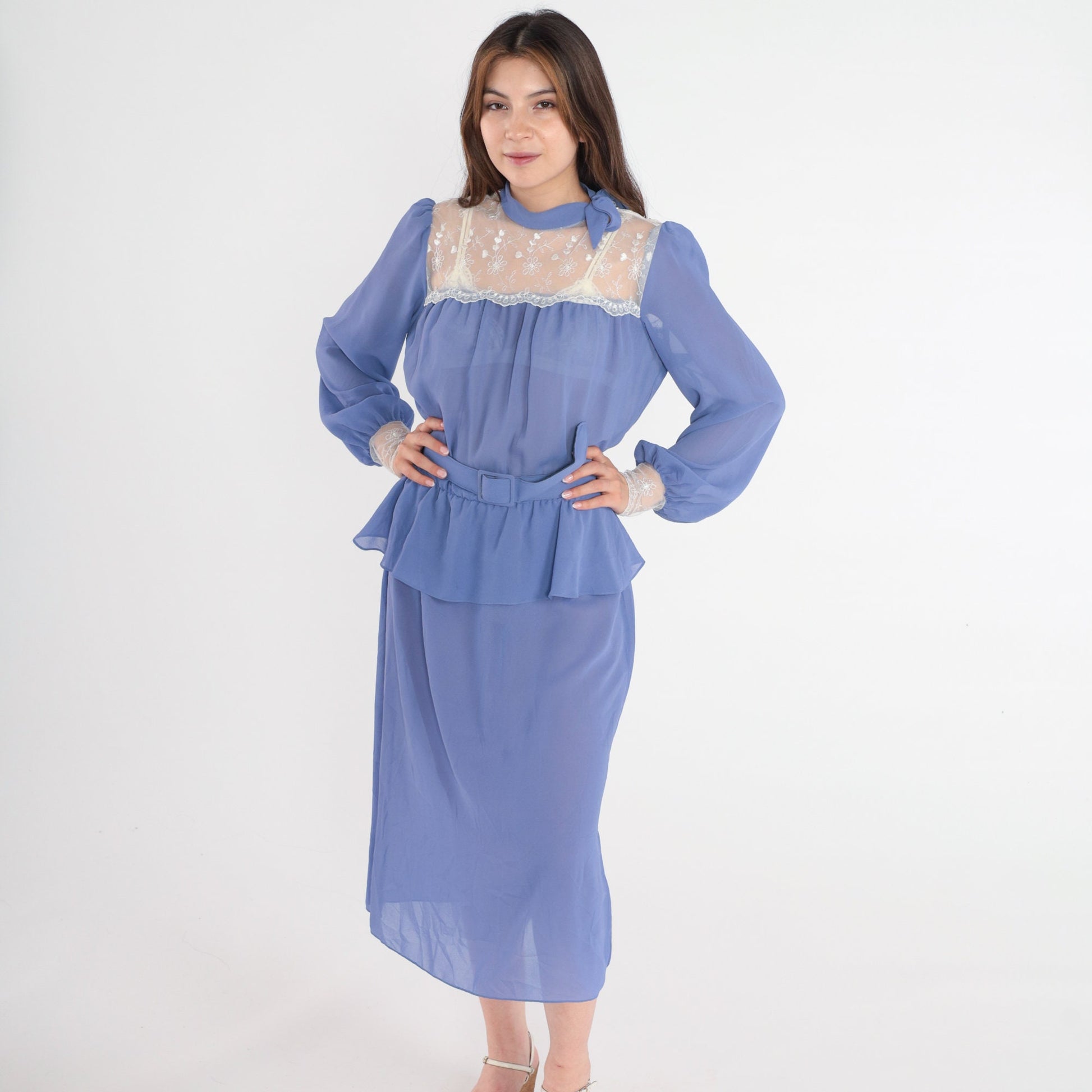 80s Purple Chiffon Midi Dress Lace Illusion Neckline Puff Sleeve Peplum Medium