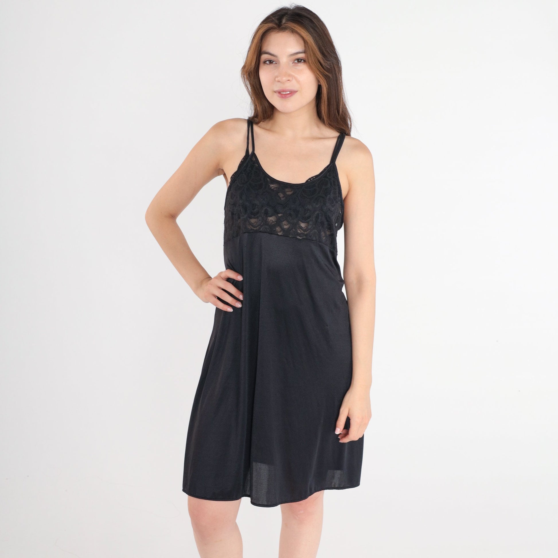 Y2K Black Sheer Lace Slip Dress Spaghetti Strap Mini Nightgown Large L