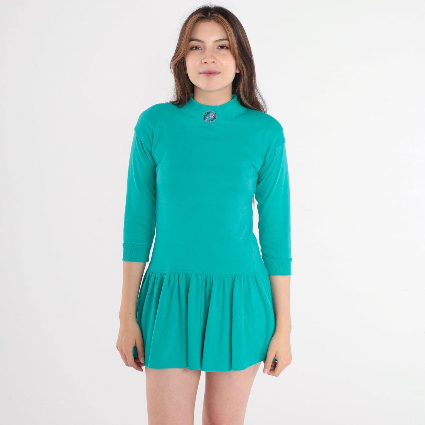 90s Turquoise Mini Dress Button Back Mock Neck Floral Embroidered 3/4 Sleeve XXS