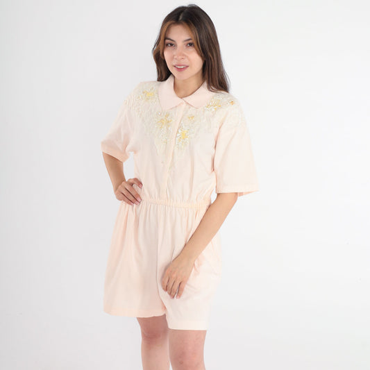 80s Derek Michael Baby Pink Cotton Romper Sequin Lace Yoke Small