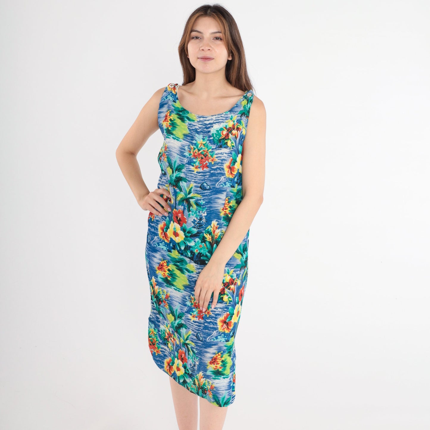 90s Hawaiian Tropical Floral Shift Dress Sleeveless Midi Blue Rayon Small