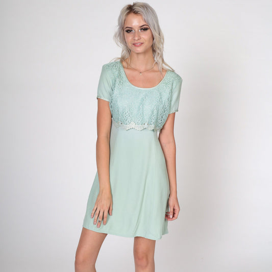 90s Seafoam Lace Mini Dress Rosette Short Sleeve Shift Scoop Neck Small