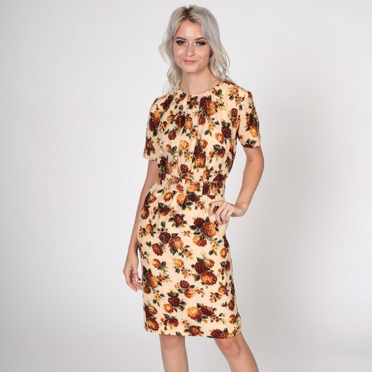 1960s Floral Peach Pencil Dress Matching Belt Short Sleeve Small S