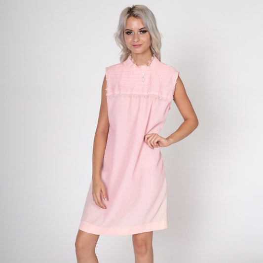 60s Mod Mini Shift Dress Baby Pink Lace Yoke Sleeveless Small Medium