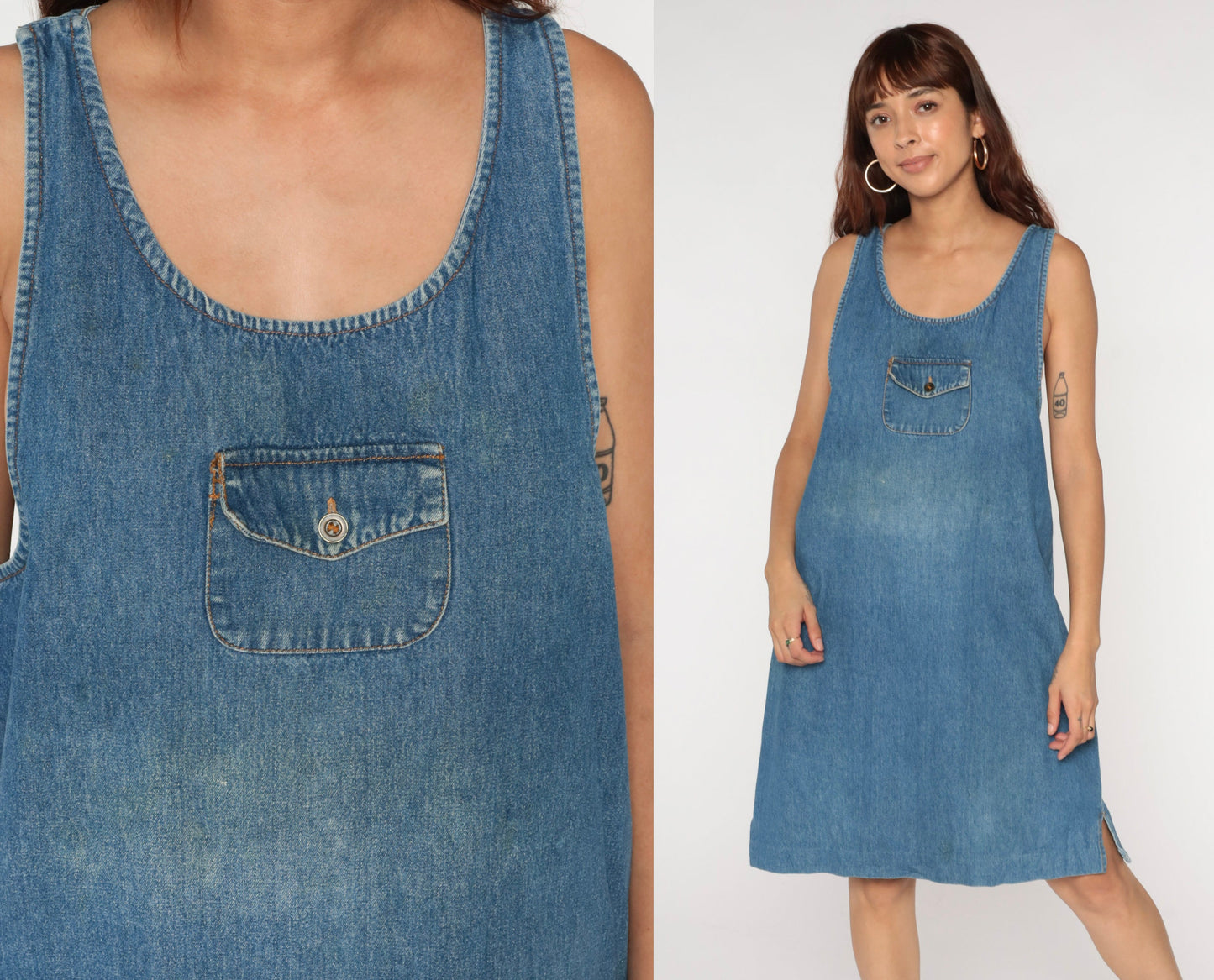 90s Blue Denim Jumper Dress Mini Length Chest Pocket Sleeveless Large