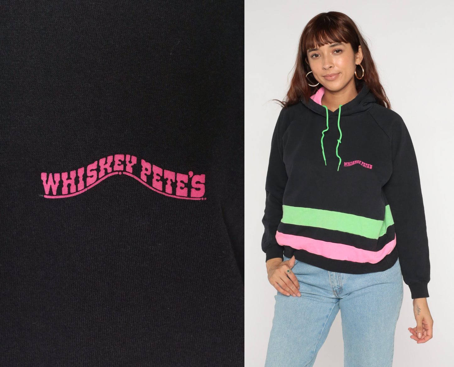90s Whiskey Pete's Neon Striped Hoodie Black Pink Green Medium