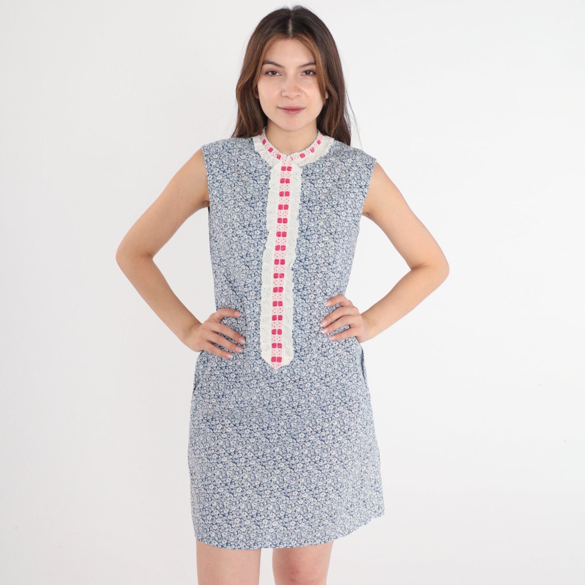 80s Liberty House Floral Eyelet Mini Shift Dress Blue White Medium 8
