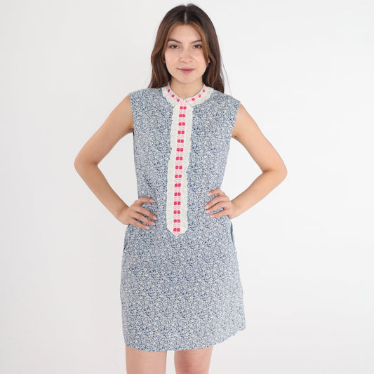 80s Liberty House Floral Eyelet Mini Shift Dress Blue White Medium 8