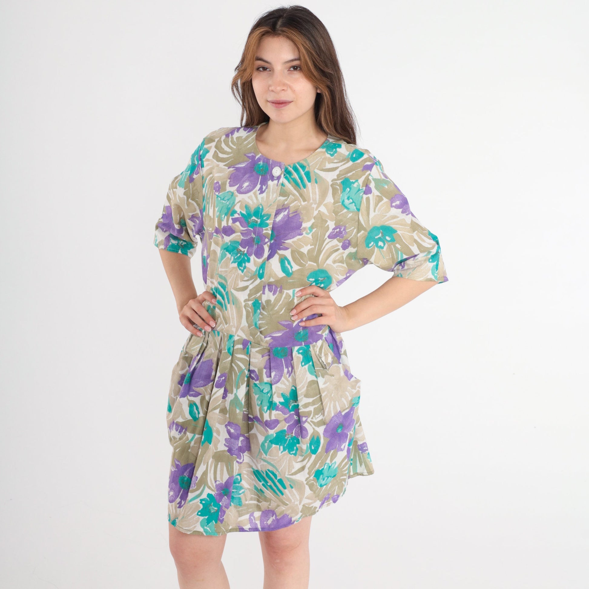 80s Floral Mini Dress Button Front Pleated Pockets Khaki Purple Large