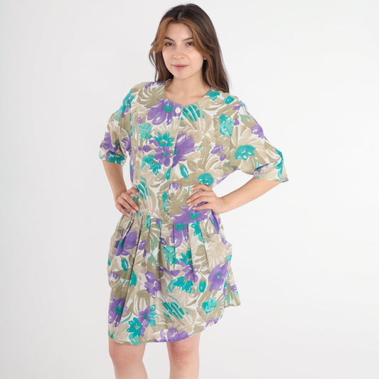 80s Floral Mini Dress Button Front Pleated Pockets Khaki Purple Large