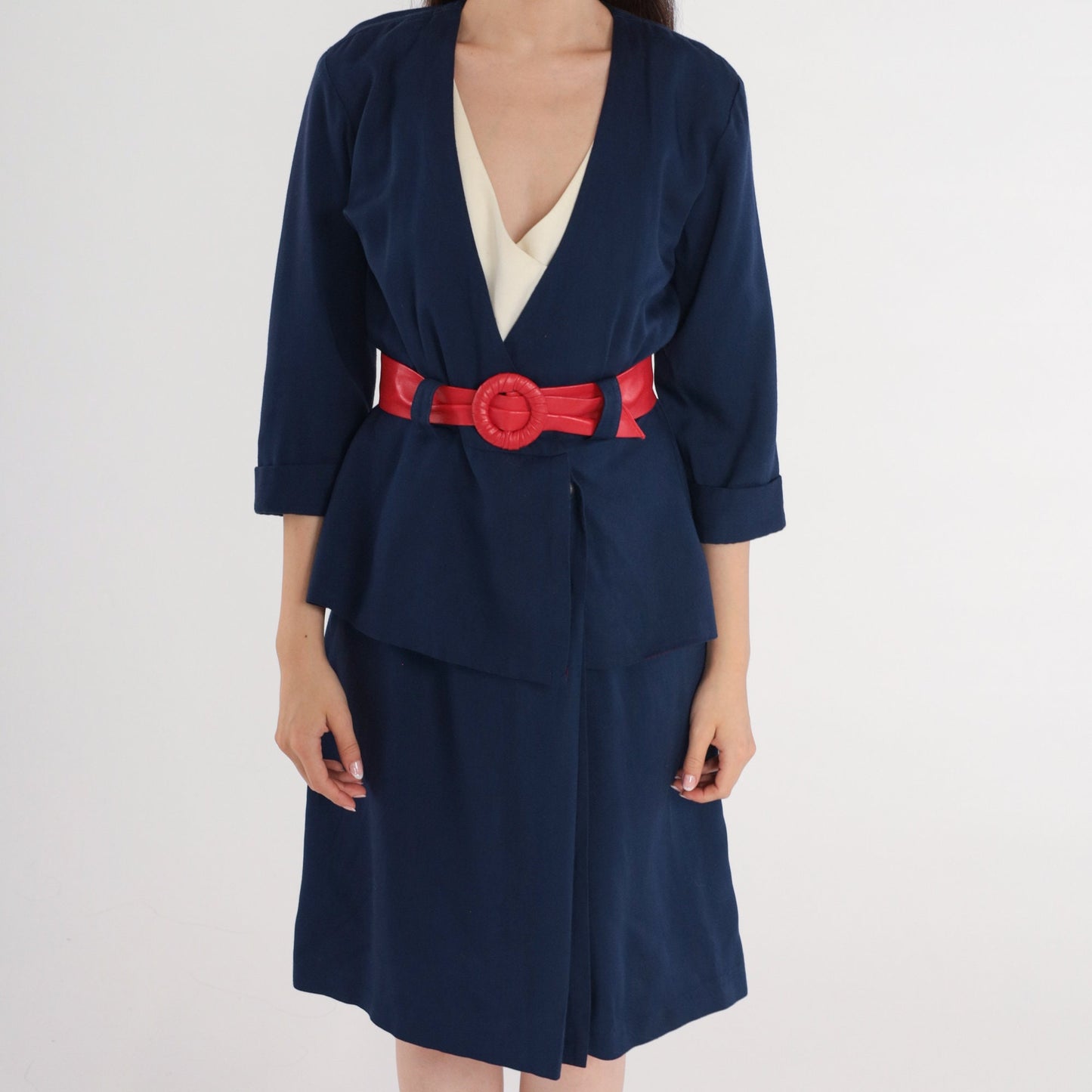 80s Michael Blair Wrap Dress Deep V Neck High Waist Midi Navy Blue Small