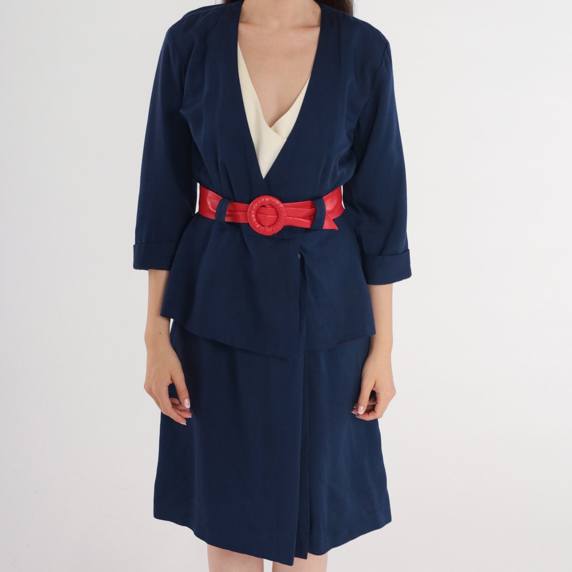 80s Michael Blair Wrap Dress Deep V Neck High Waist Midi Navy Blue Small