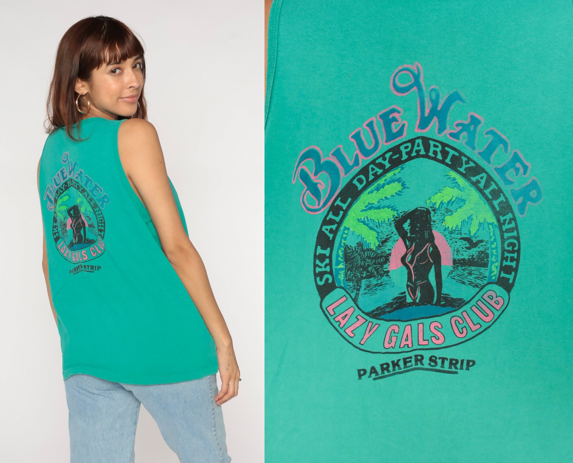 90s BlueWater Casino Parker Arizona Tank Top Green Graphic Tee Large
