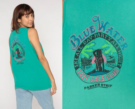 90s BlueWater Casino Parker Arizona Tank Top Green Graphic Tee Large