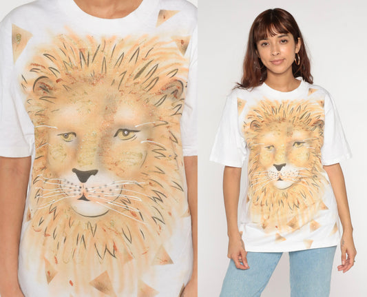 90s Oneita Lion T-Shirt White Gold Glitter Graphic Tee Medium