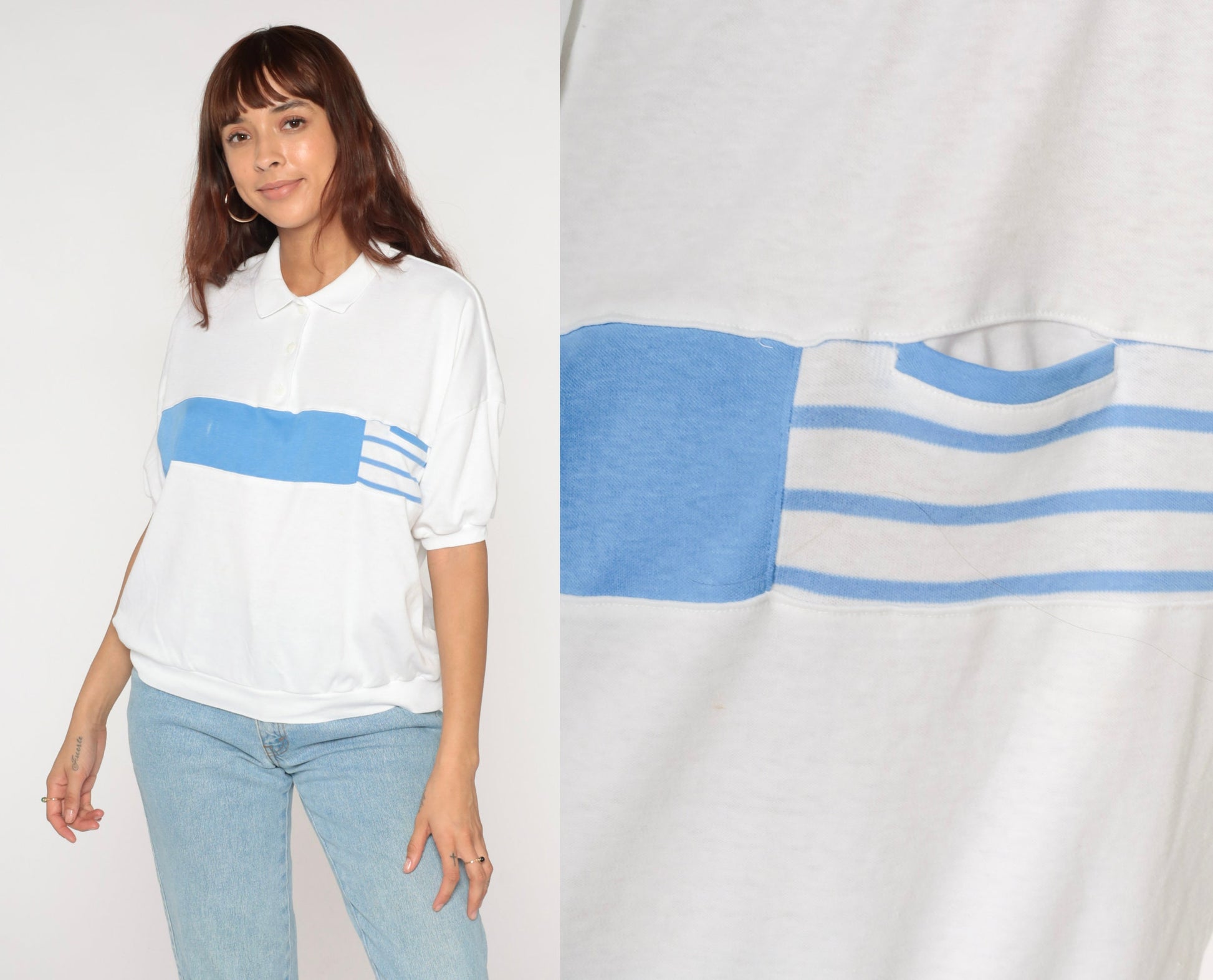 90s Catalina Striped Collared Shirt White Blue Banded Hem Large