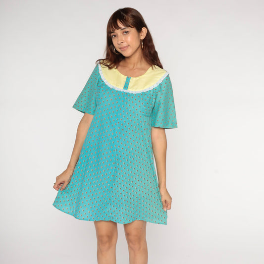 70s Turquoise Geometric Shift Dress Mini Yoke Short Sleeve Extra Small