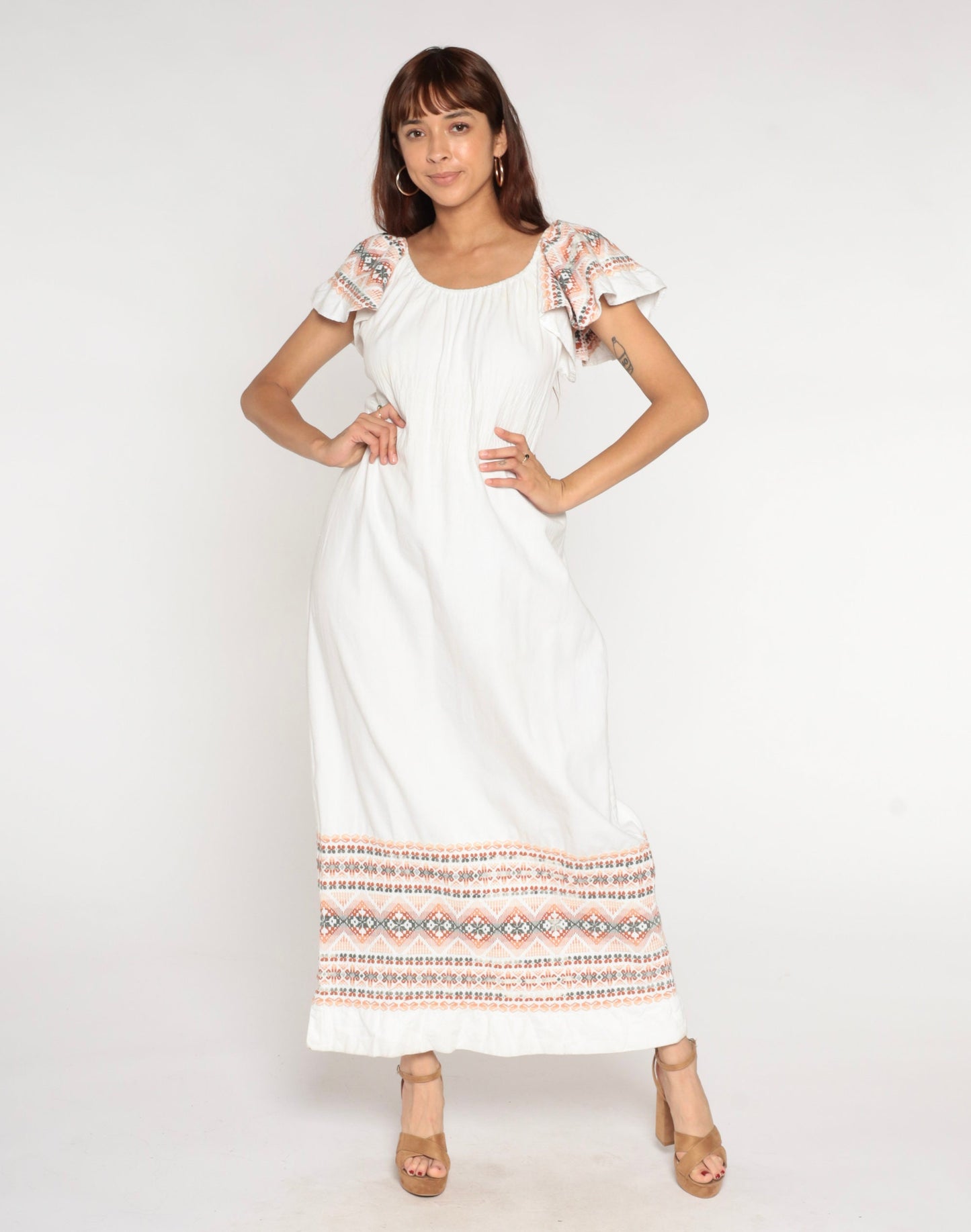 90s White Cotton Maxi Dress Aztec Embroidery Off-Shoulder Flutter Sleeve Medium