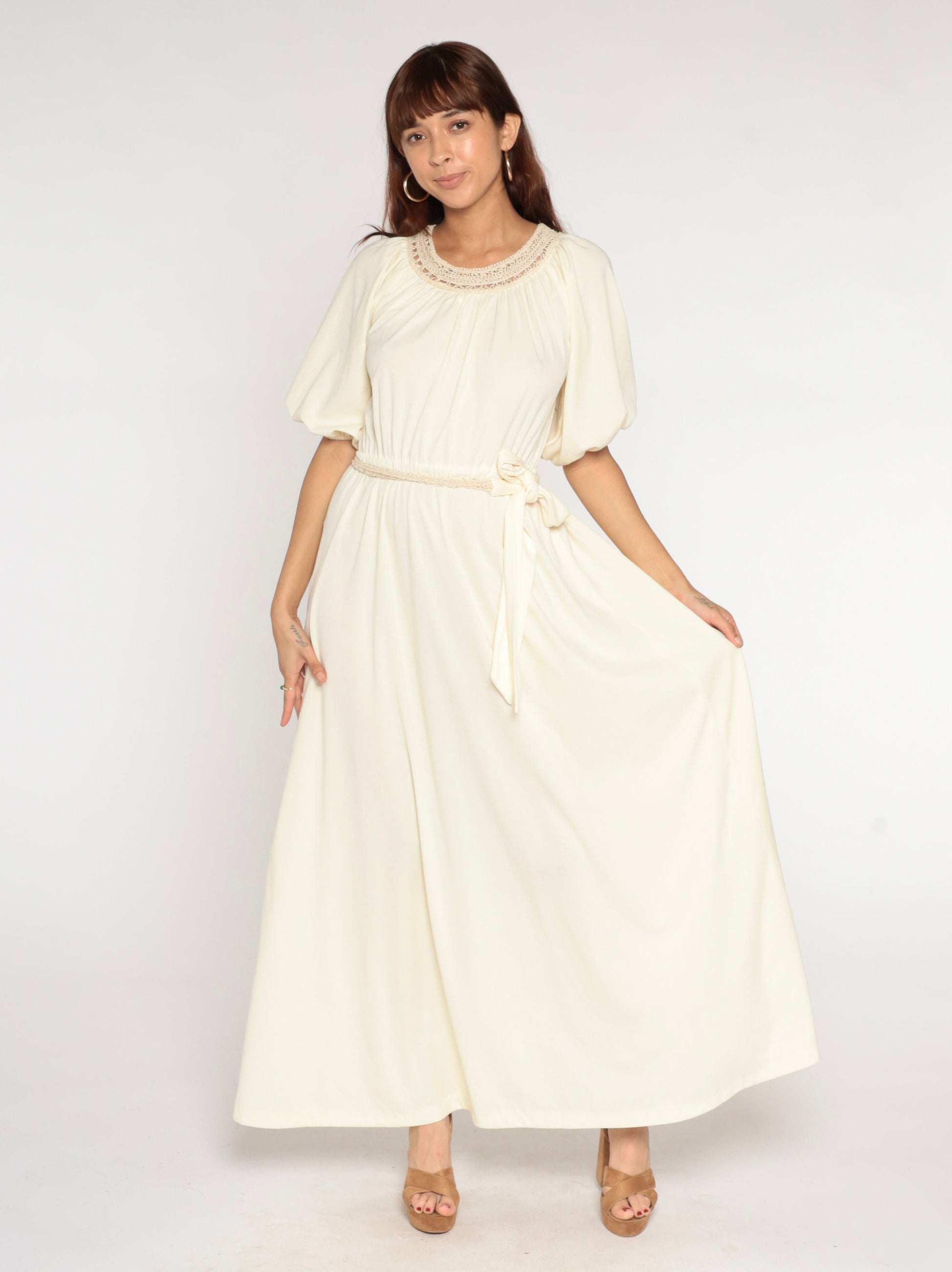 70s Cream Maxi Dress Crochet Trim High Waist Blouson Small