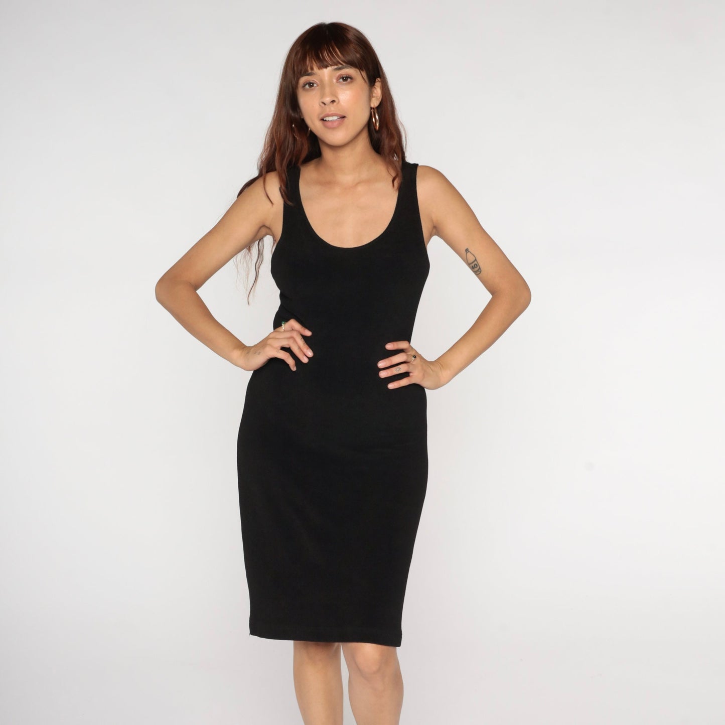 90s Black Bodycon Dress Sleeveless Scoop Neck Knee Length Medium