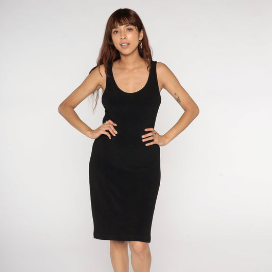 90s Black Bodycon Dress Sleeveless Scoop Neck Knee Length Medium