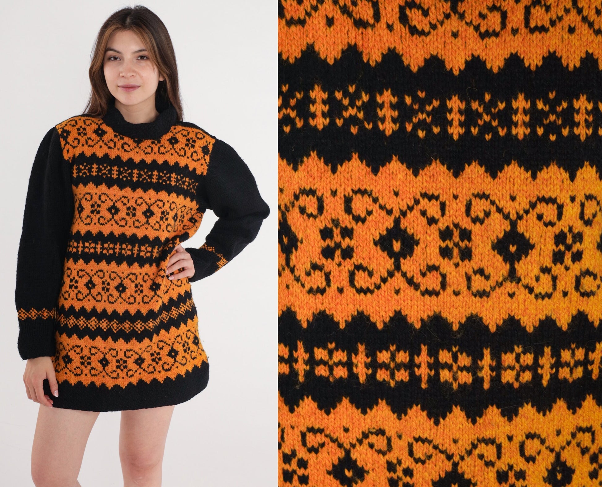 80s Fair Isle Sweater Orange Black Mock Neck Nordic Knit Medium Large