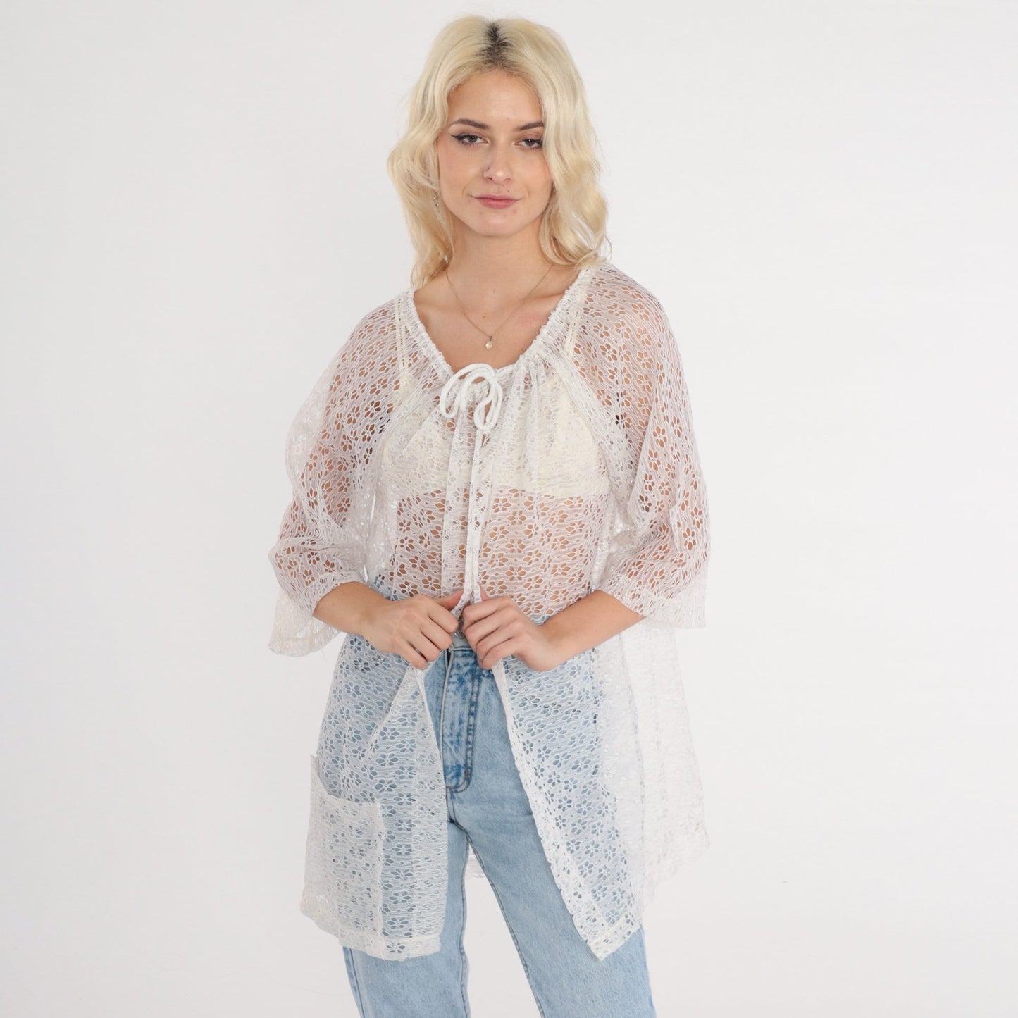 80s White Floral Lace Blouse Open Front Tie Neck 3/4 Sleeve Small