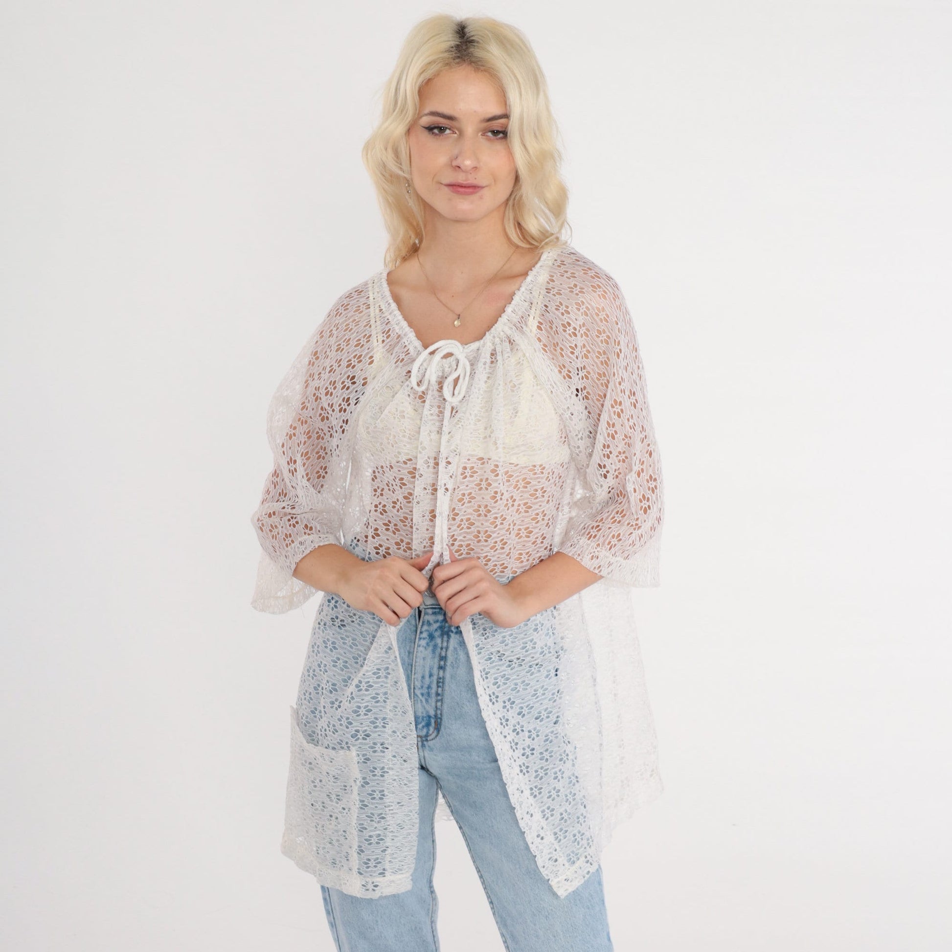 80s White Floral Lace Blouse Open Front Tie Neck 3/4 Sleeve Small