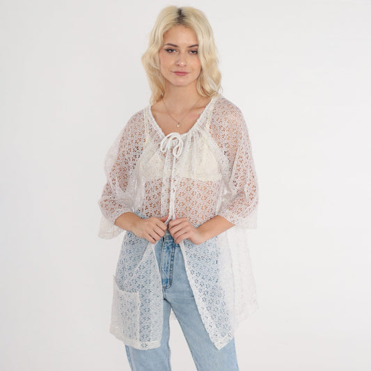 80s White Floral Lace Blouse Open Front Tie Neck 3/4 Sleeve Small